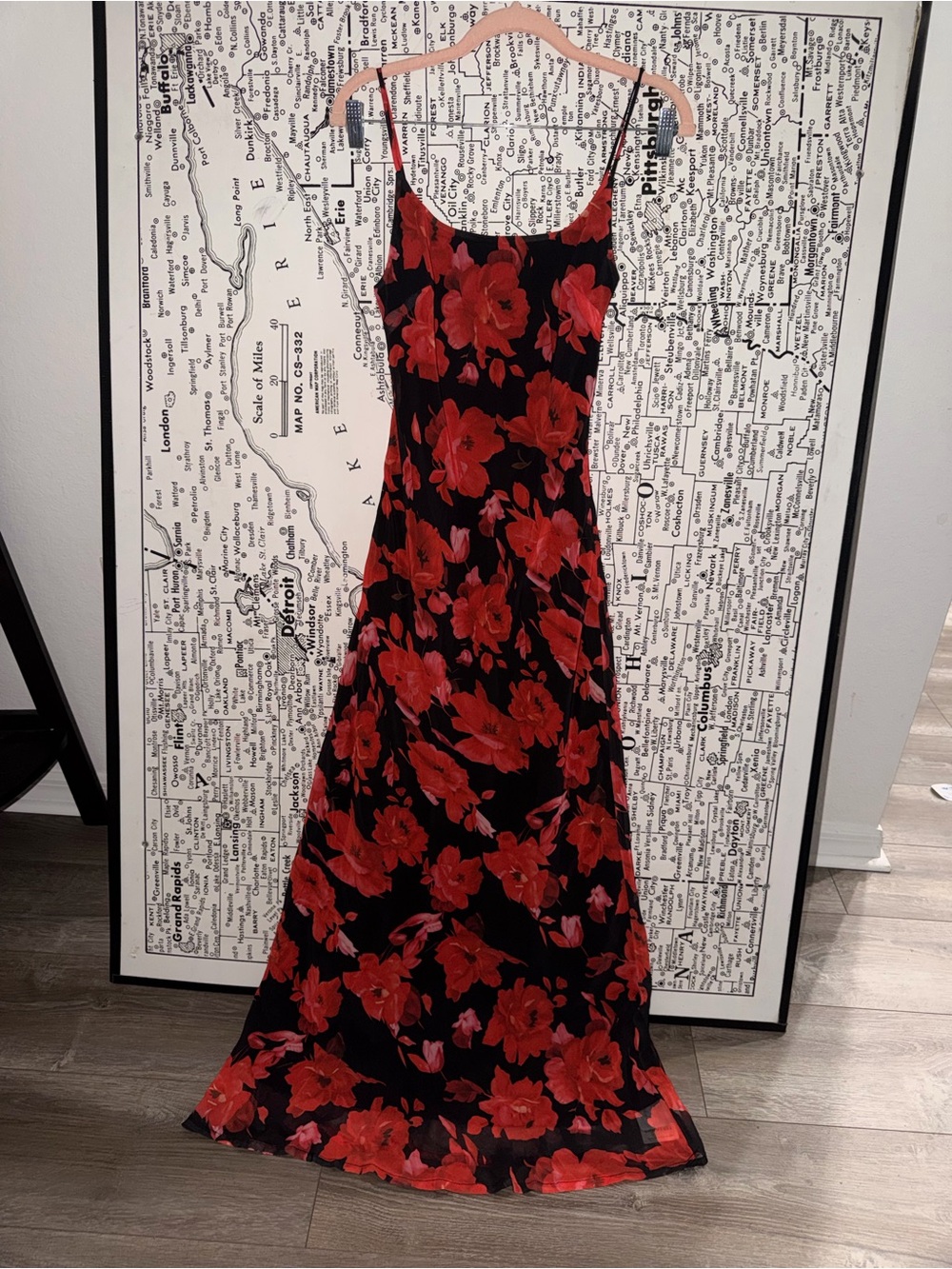Commense Black Maxi Slip Dress with Red Floral Print